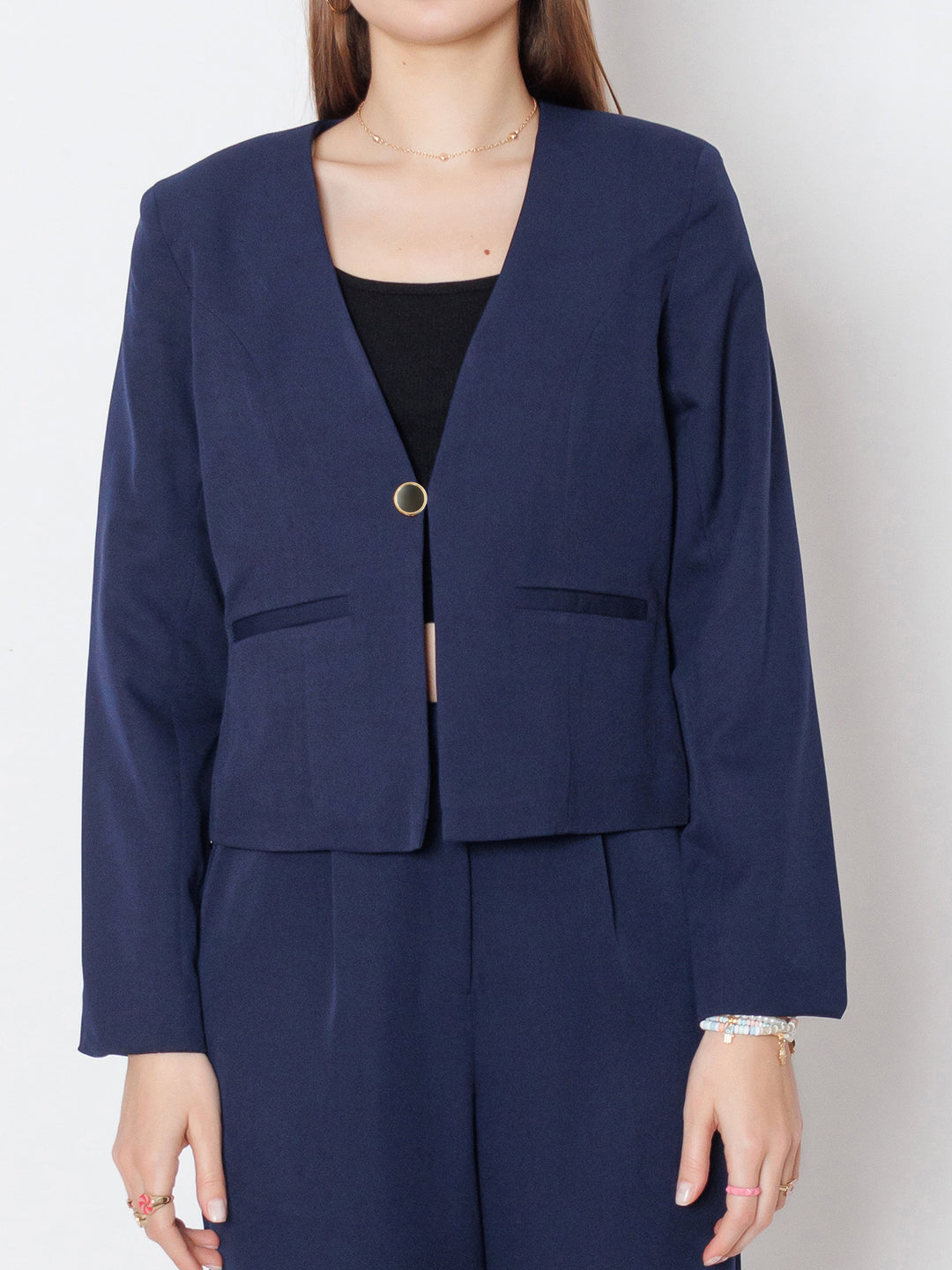 Navy Blue Solid Fitted Blazer