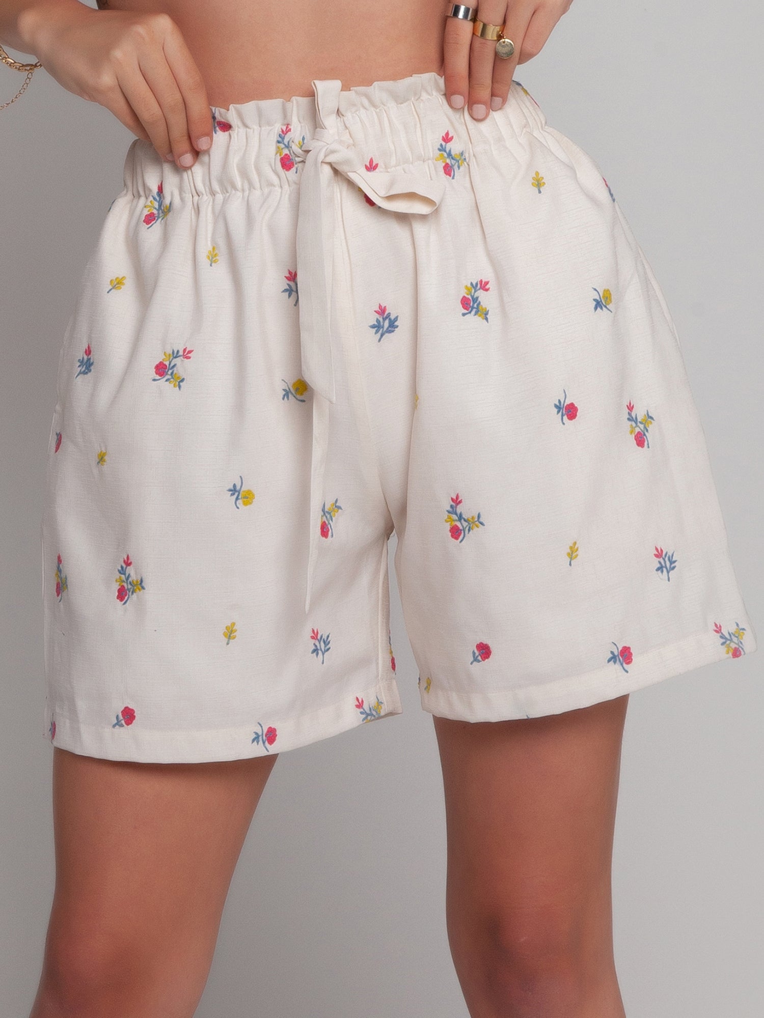 White Embroidered Elasticated Shorts