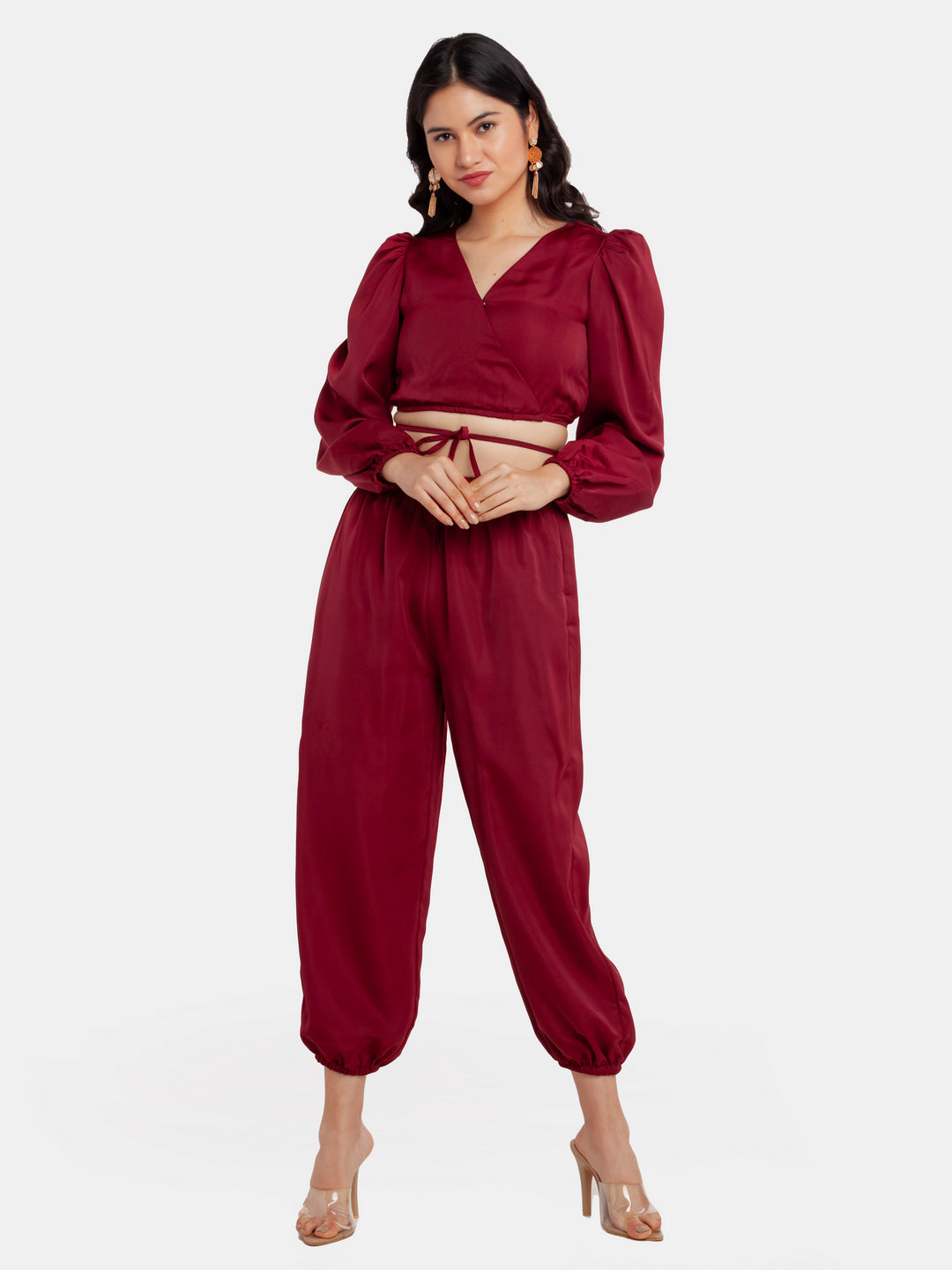 Maroon Solid High Waisted Jogger