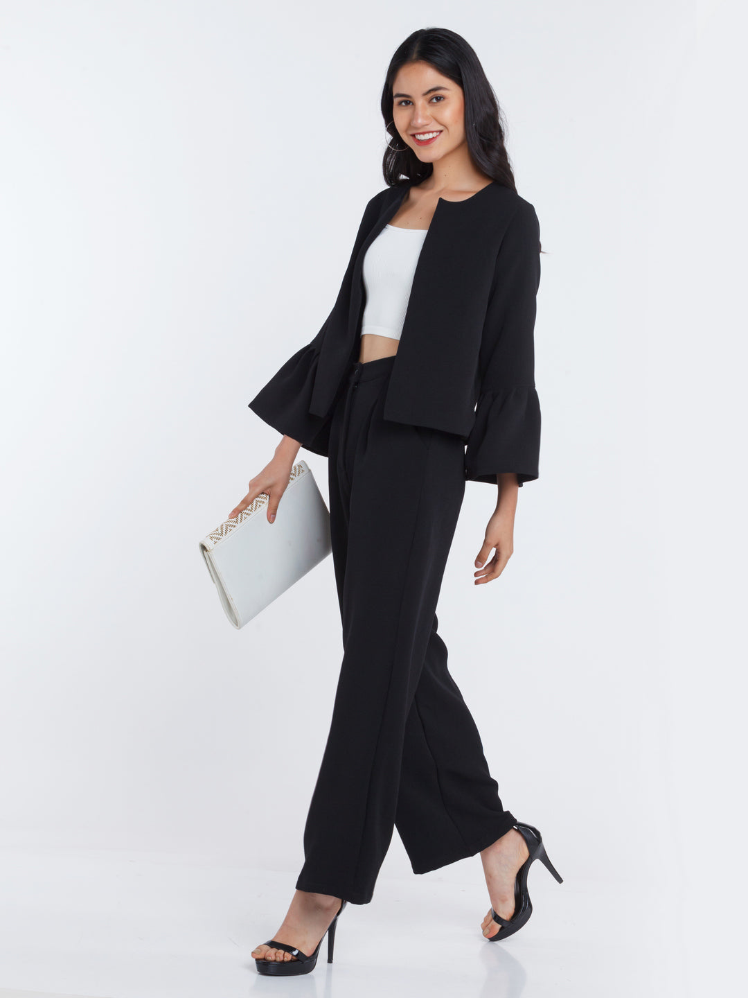 Black Solid Pleated Trouser