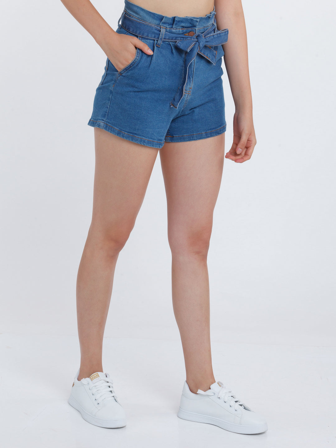 Blue Solid Tie-Up Jeans Shorts