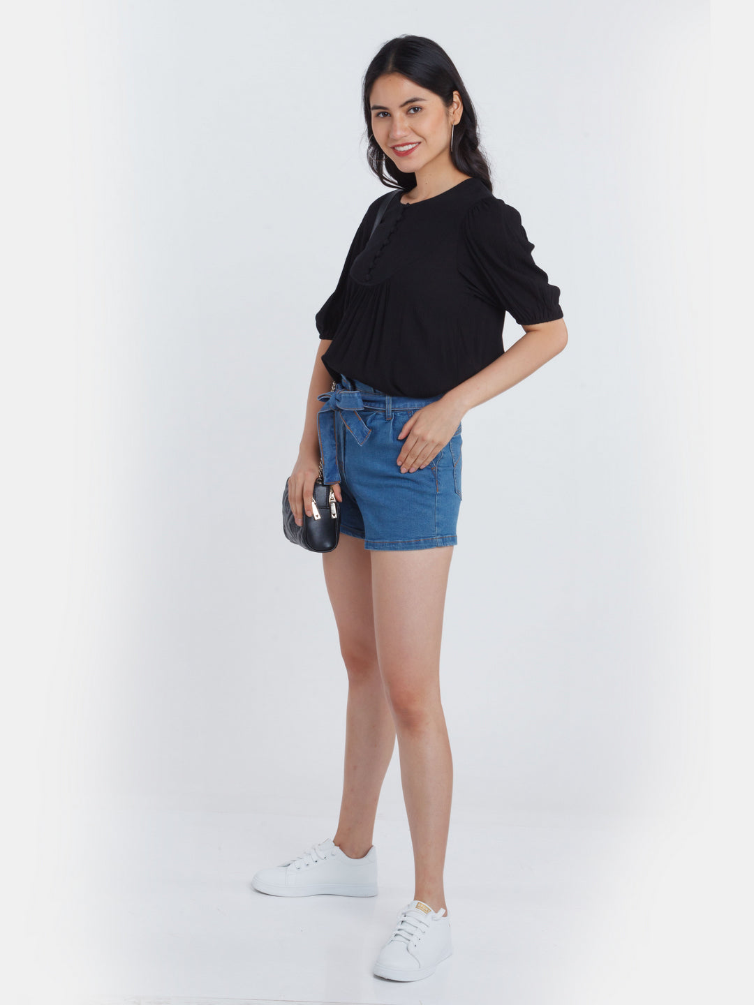 Blue Solid Tie-Up Jeans Shorts