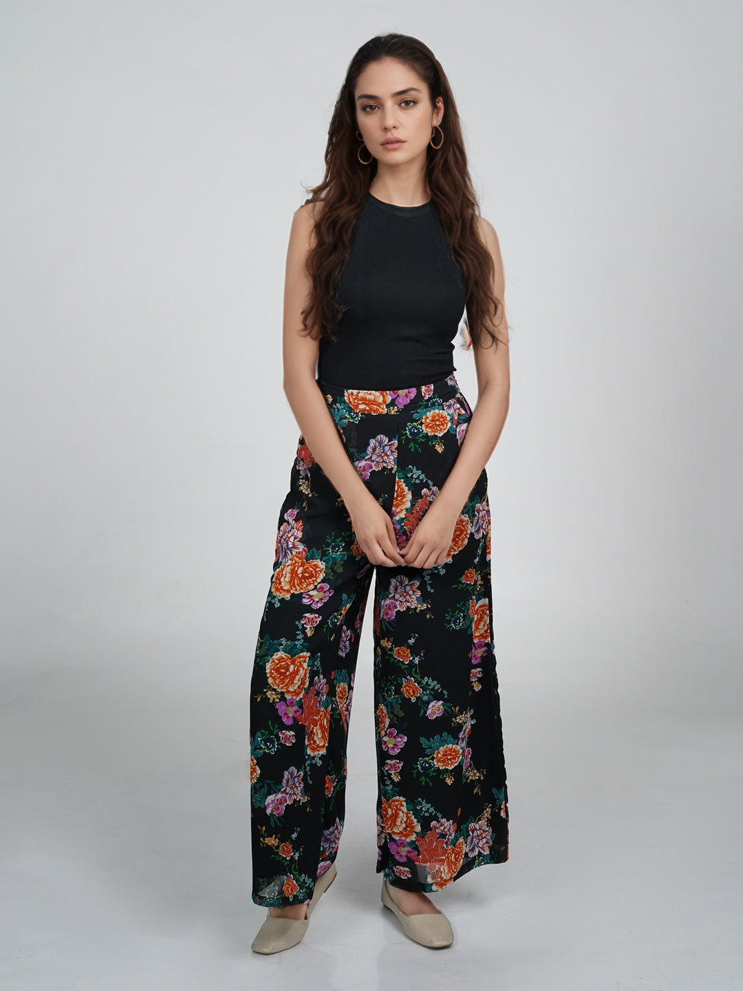 Black Floral Printed Regular Trouser