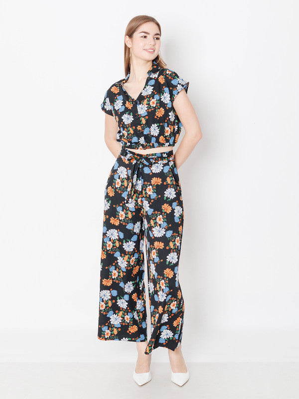 Black Floral Print Regular Fit Trouser-1