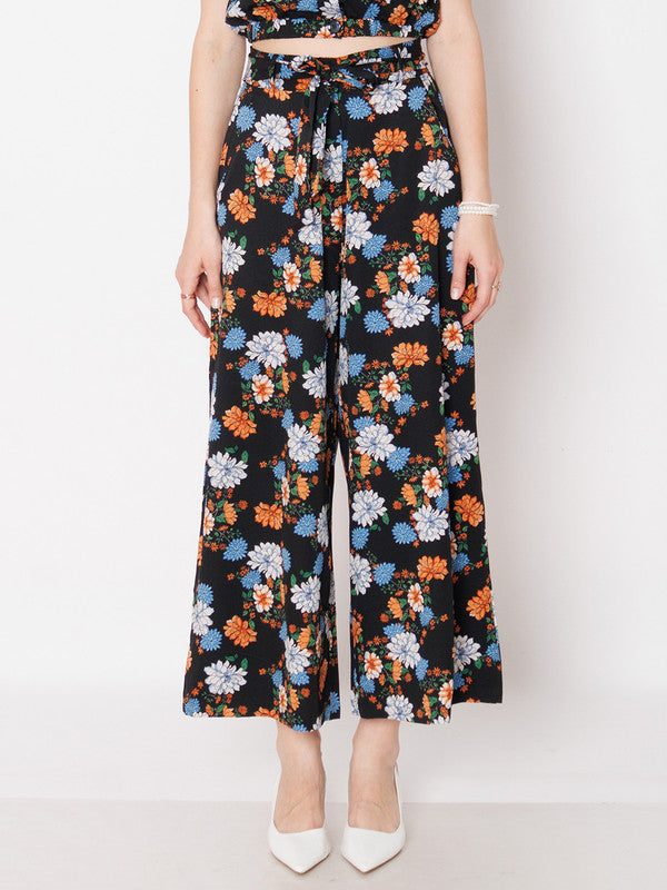 Black Floral Print Regular Fit Trouser-2