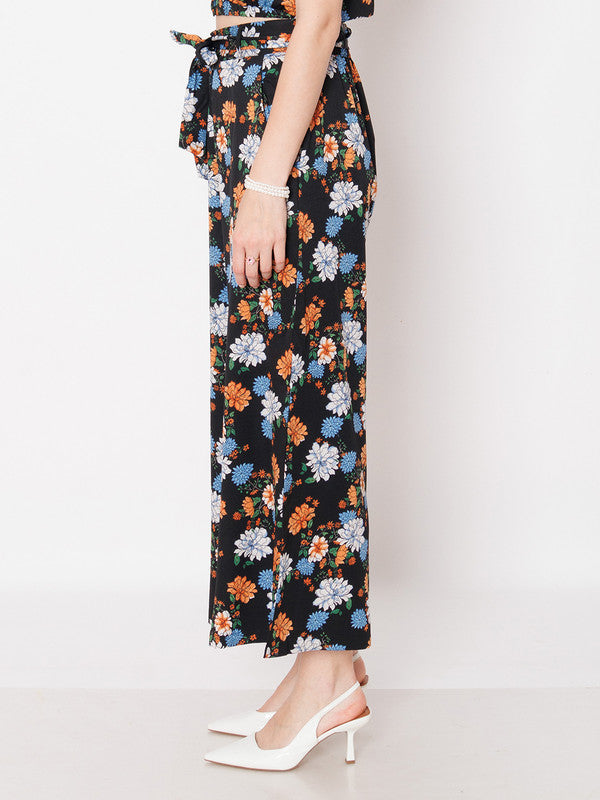 Black Floral Print Regular Fit Trouser-3