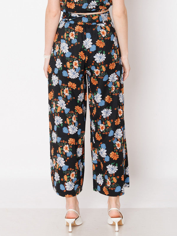 Black Floral Print Regular Fit Trouser-4