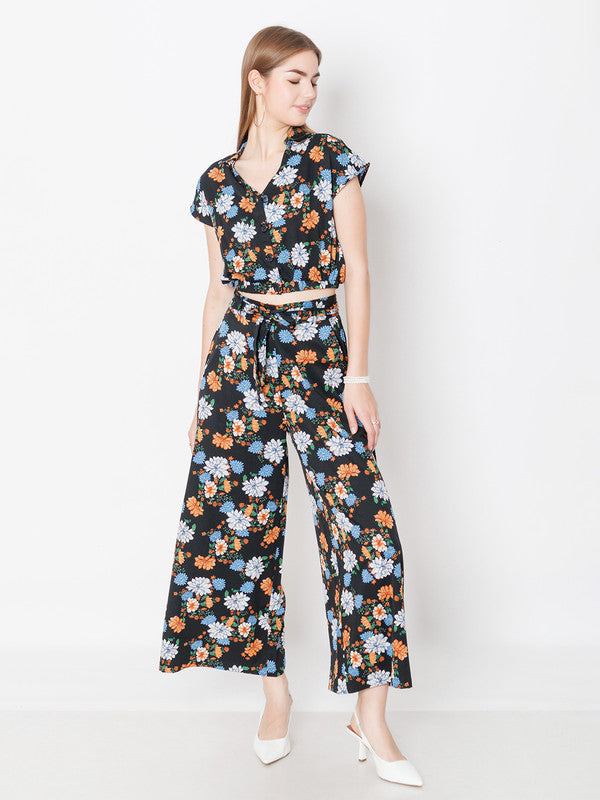 Black Floral Print Regular Fit Trouser-5