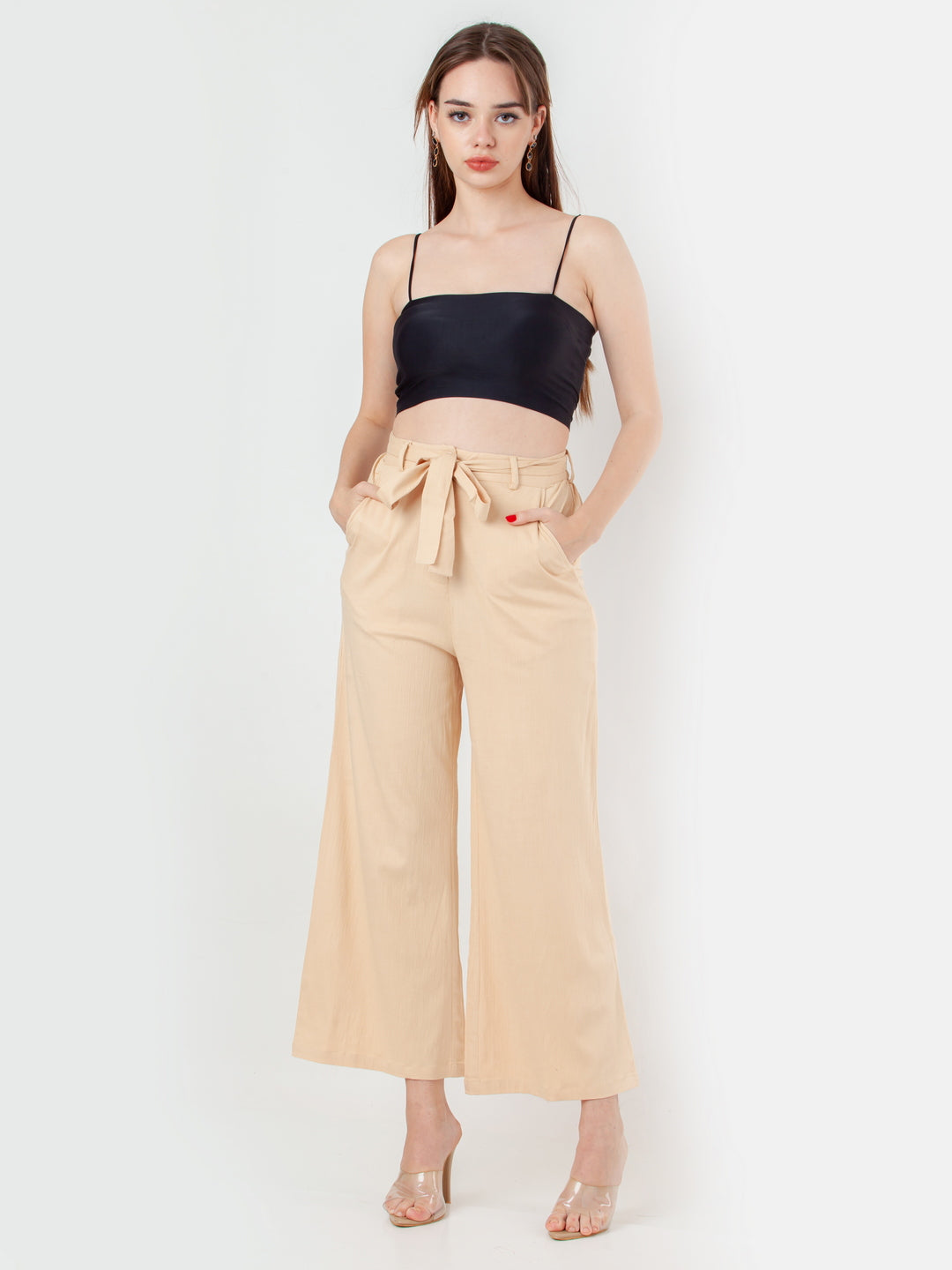 Beige Solid Straight Trouser