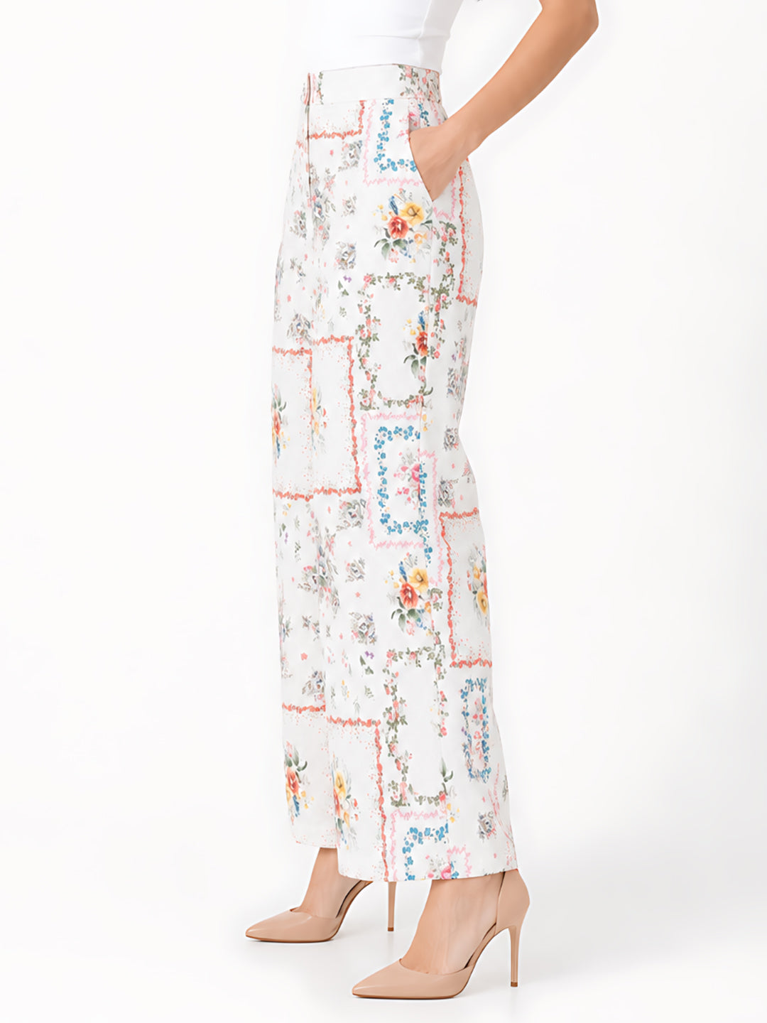 White Printed Straight Trouser