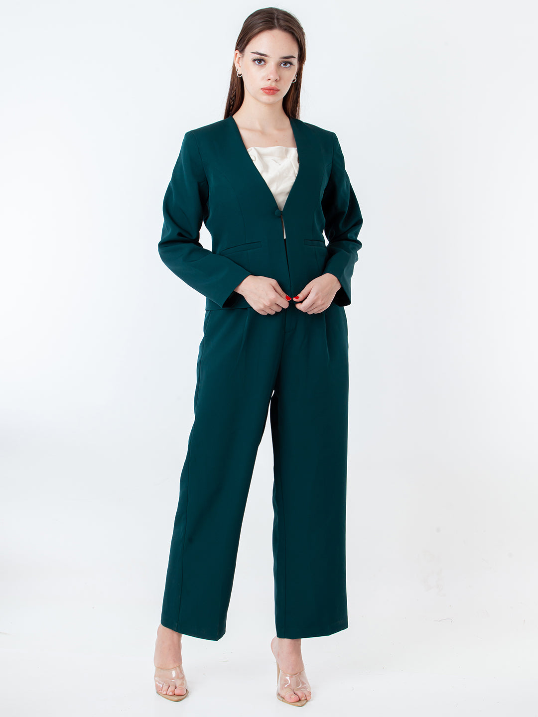 Green Solid Pleated Trouser