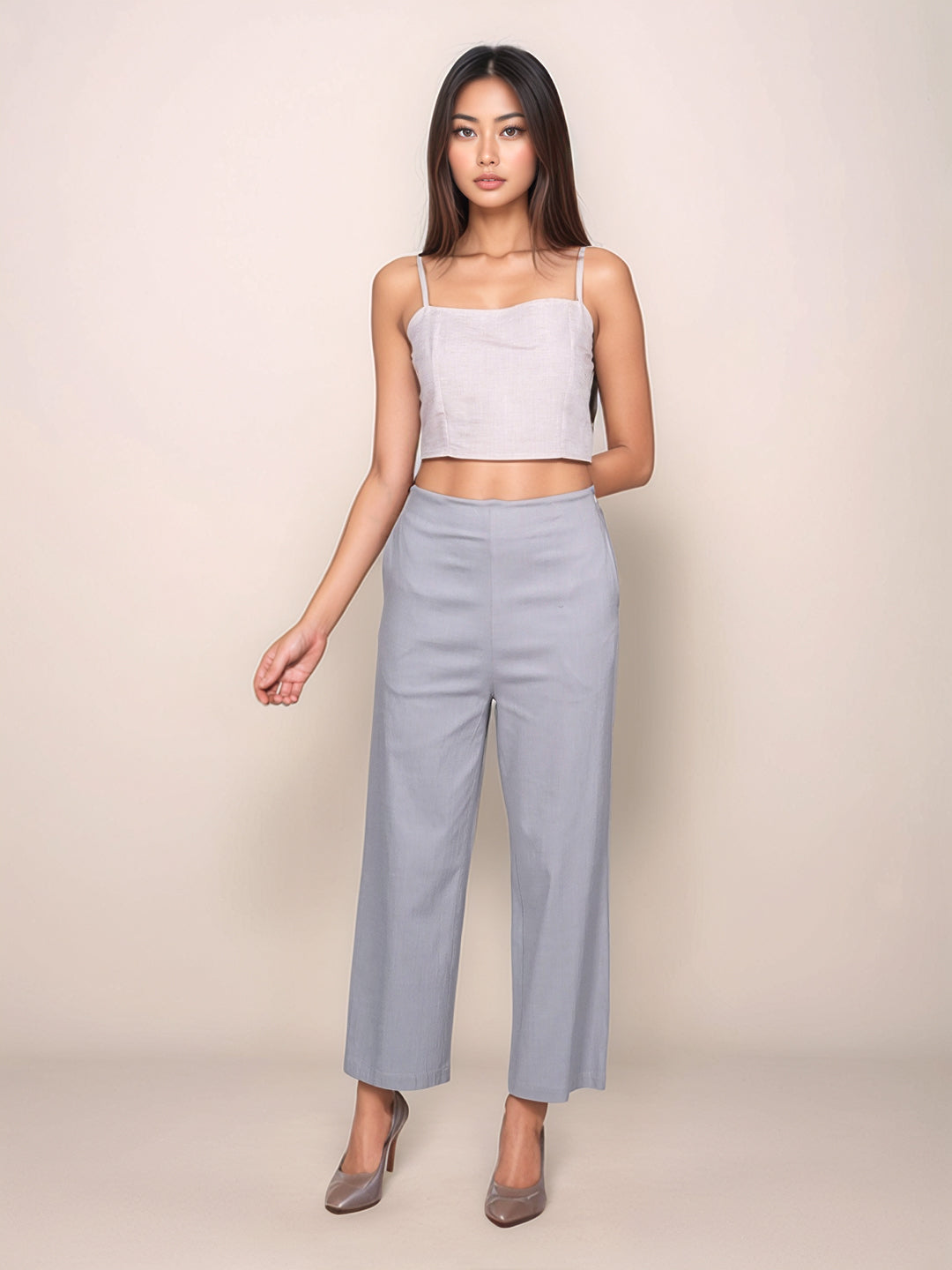 Grey Solid Cropped Trouser