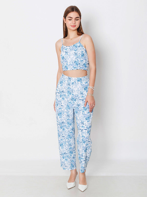 Blue Floral Print Fitted Crop Top-1