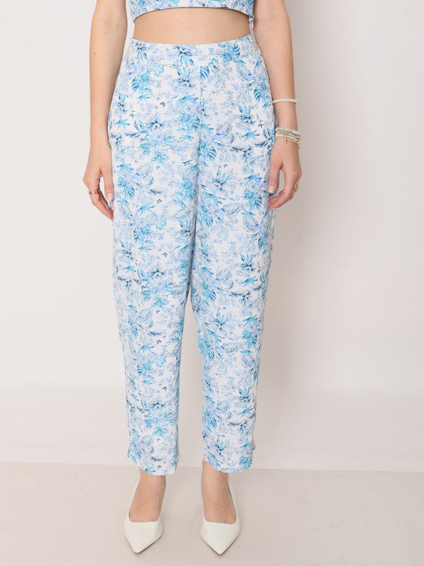 Blue Floral Print Straight Trouser-2