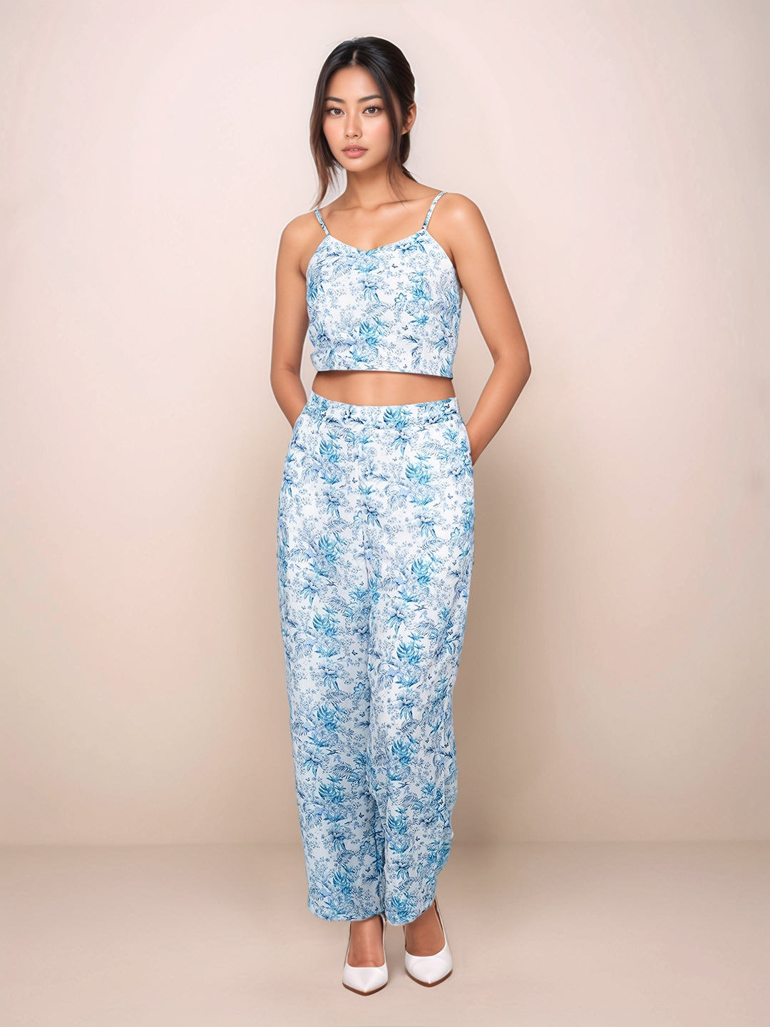 Blue Floral Print Straight Trouser