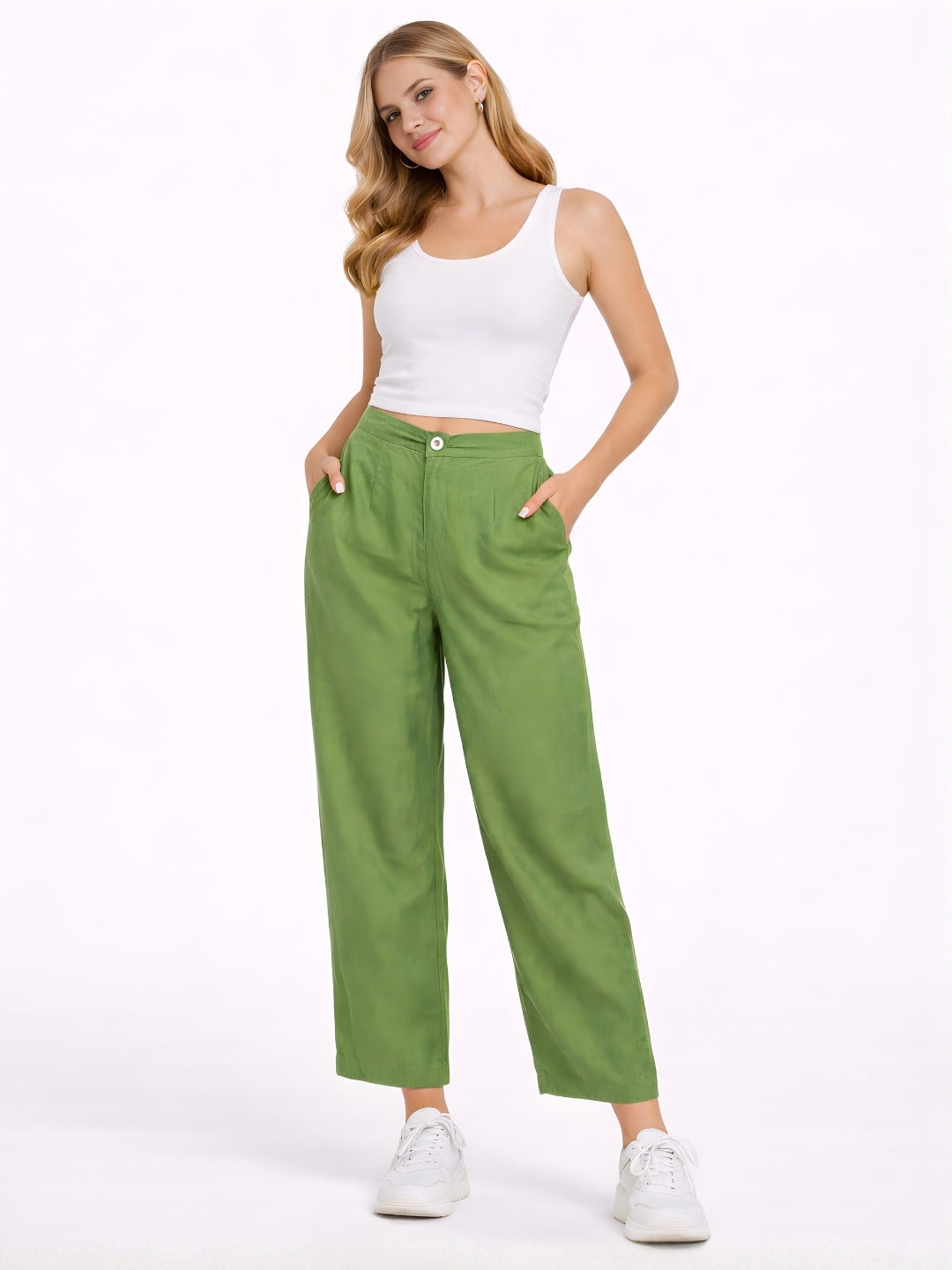 Green Solid Straight Trouser