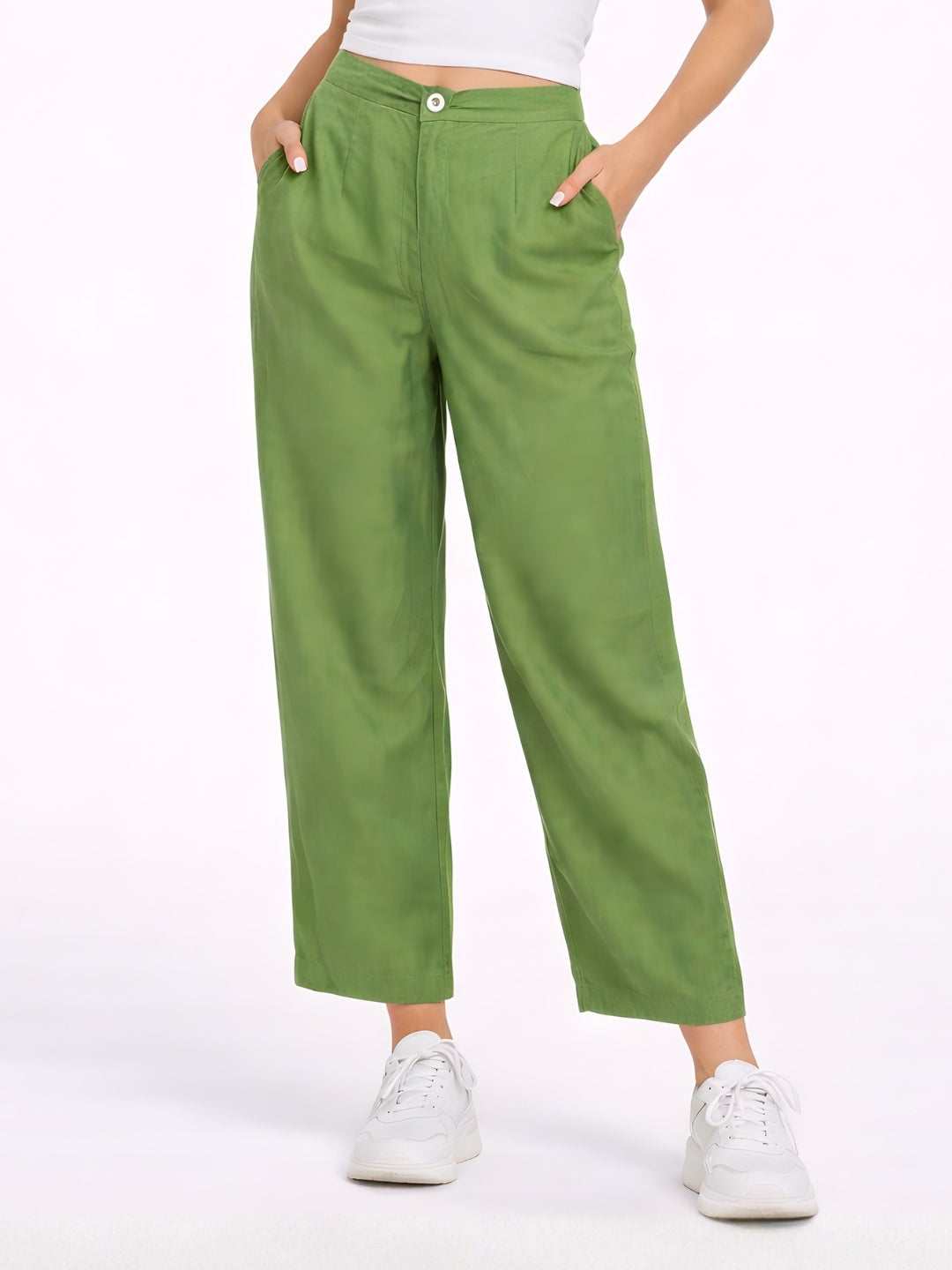 Green Solid Straight Trouser