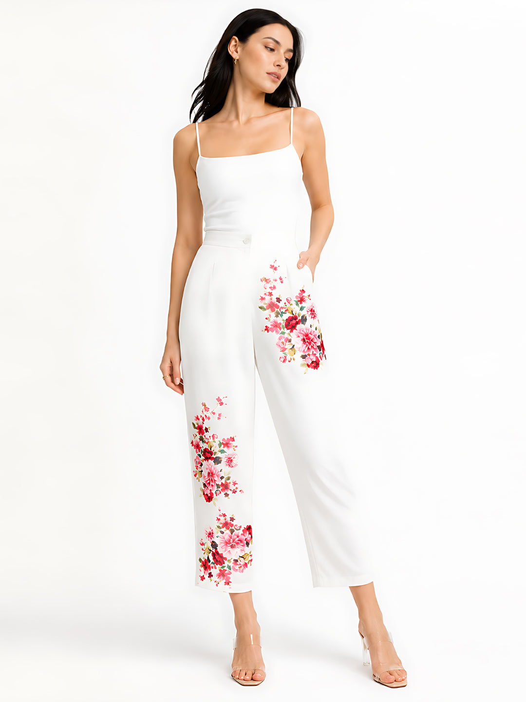 White Floral Print Straight Fit Trouser