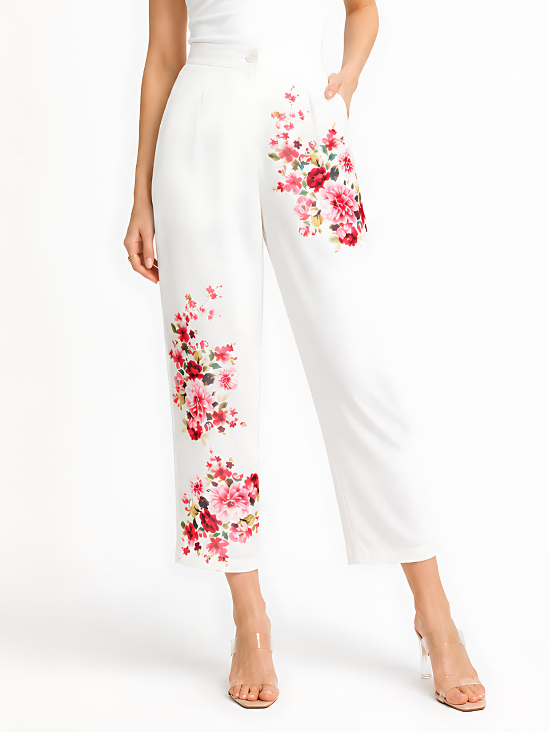 White Floral Print Straight Fit Trouser