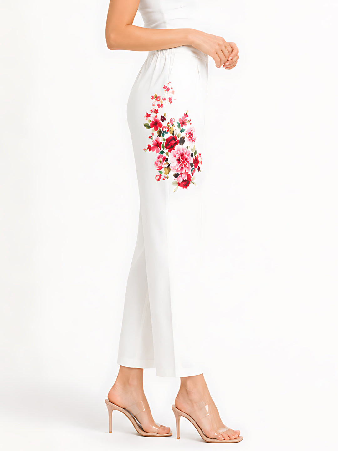 White Floral Print Straight Fit Trouser