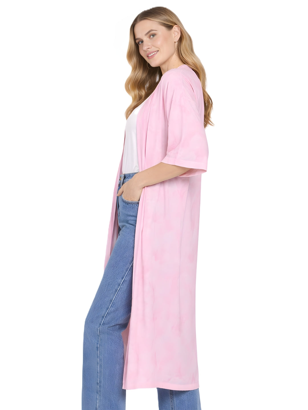 Pink Printed Flared Sleeve Shrug
