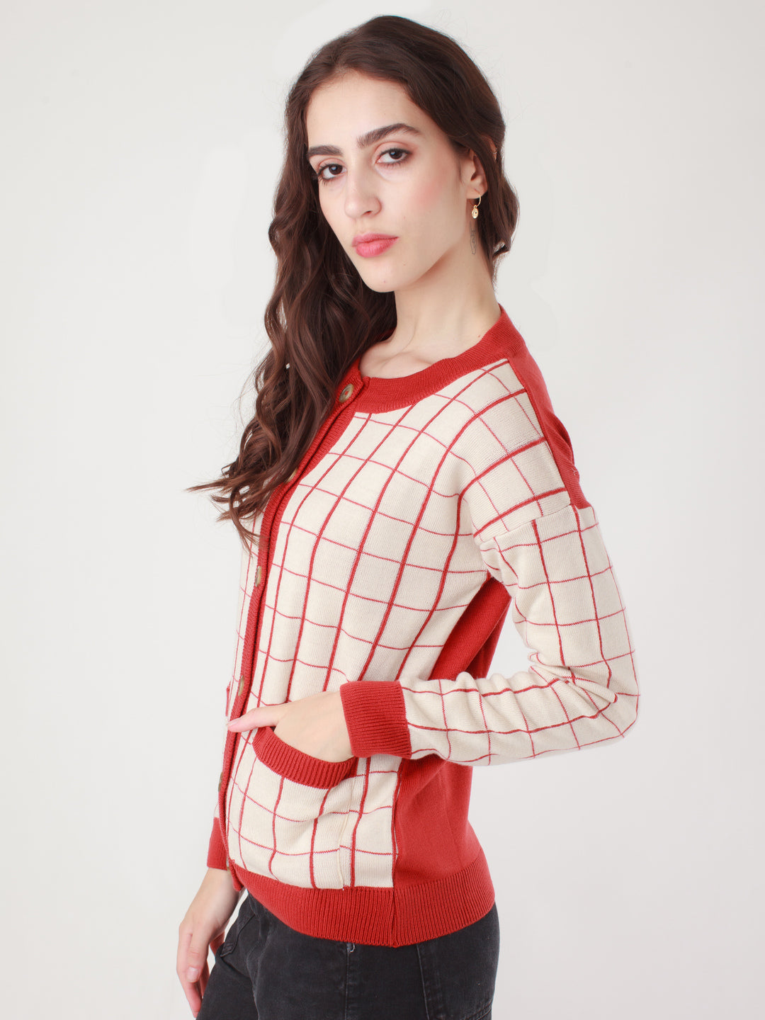 Multicolored Checked Buttoned Sweater