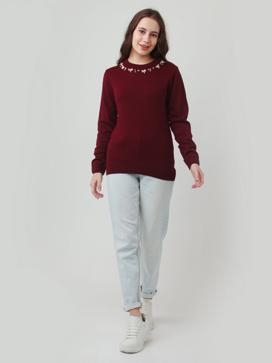 Maroon Embroidered Straight Sweater