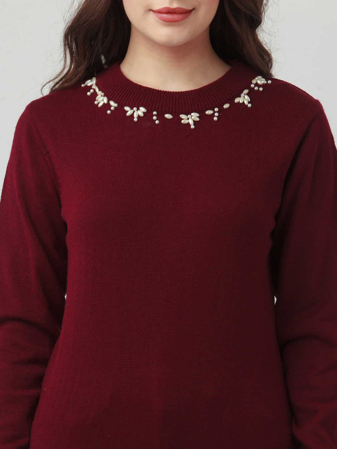 Maroon Embroidered Straight Sweater