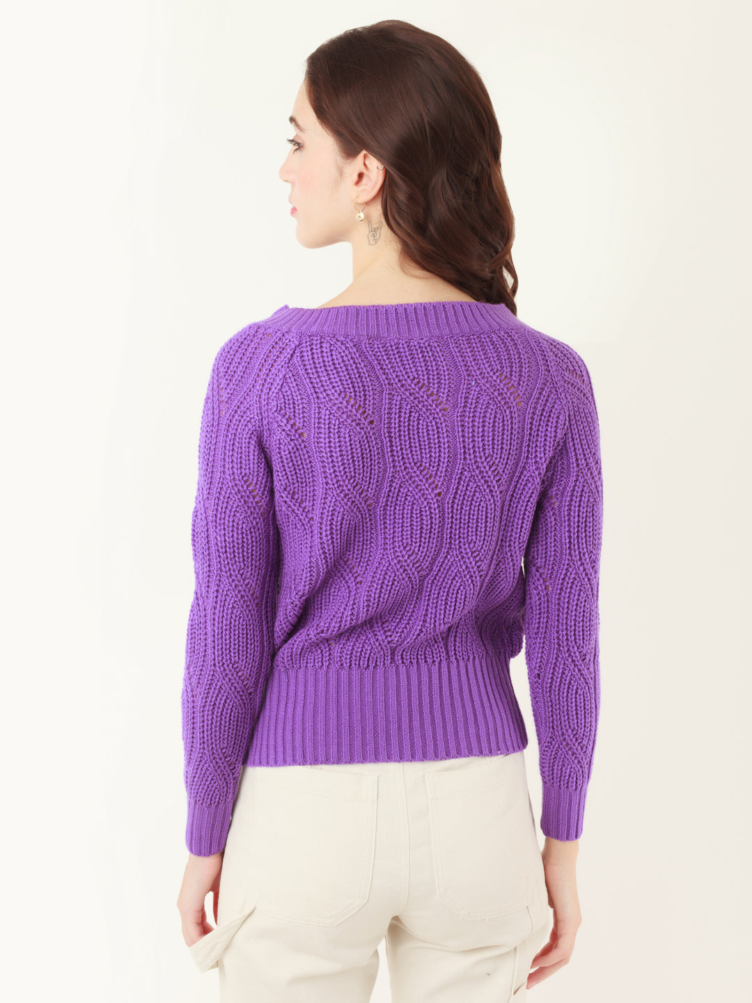 Purple Solid Off-shoulder Sweater