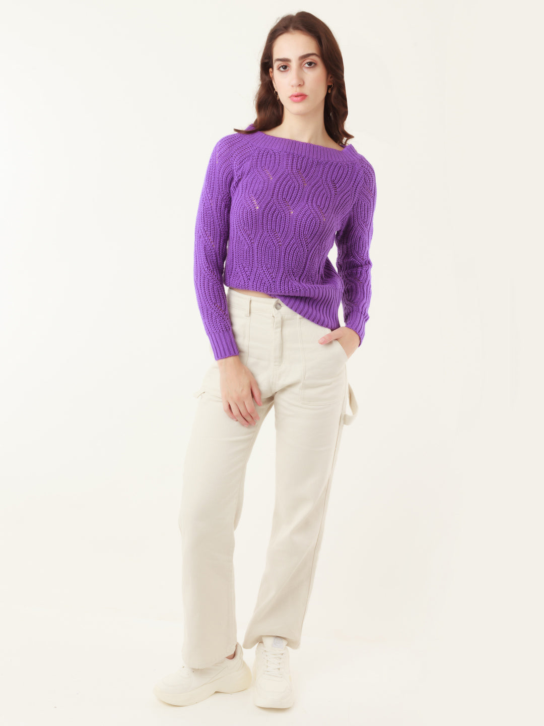 Purple Solid Off-shoulder Sweater