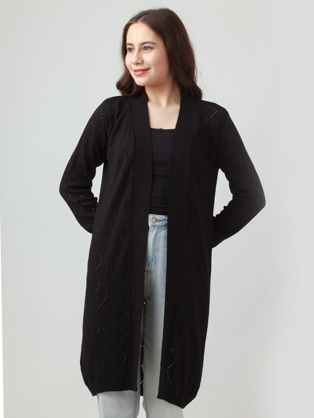 Black Solid Front-Open Longline Shrug