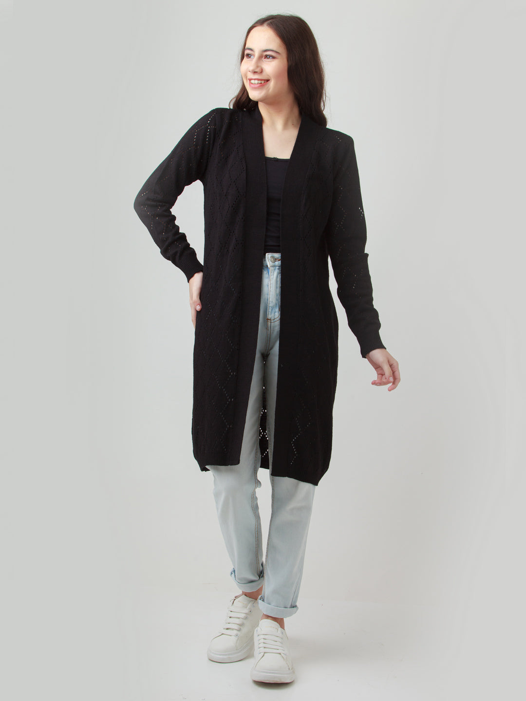 Black Solid Front-Open Longline Shrug