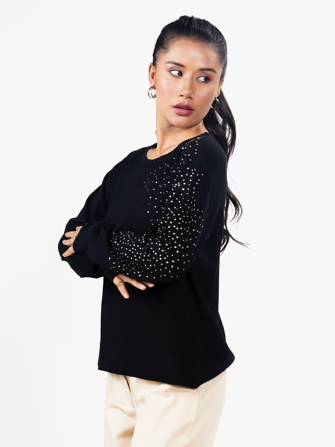 Black Embellished Slip-On Sweater