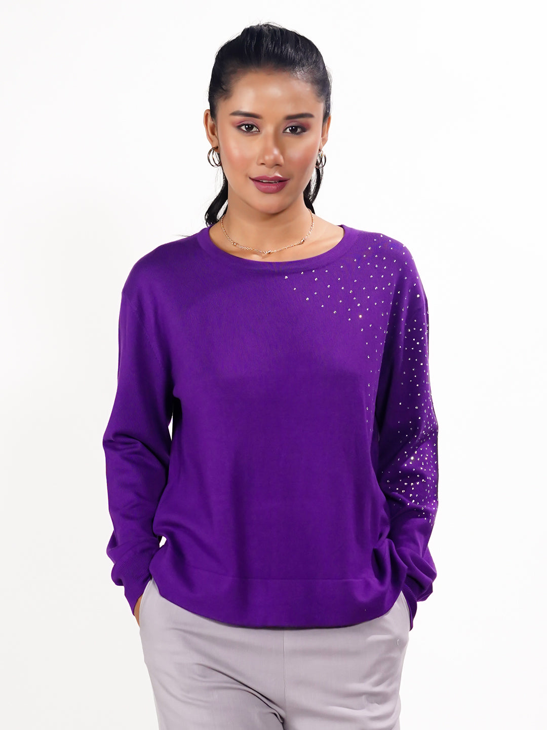 Purple Embellished Slip-On Sweater