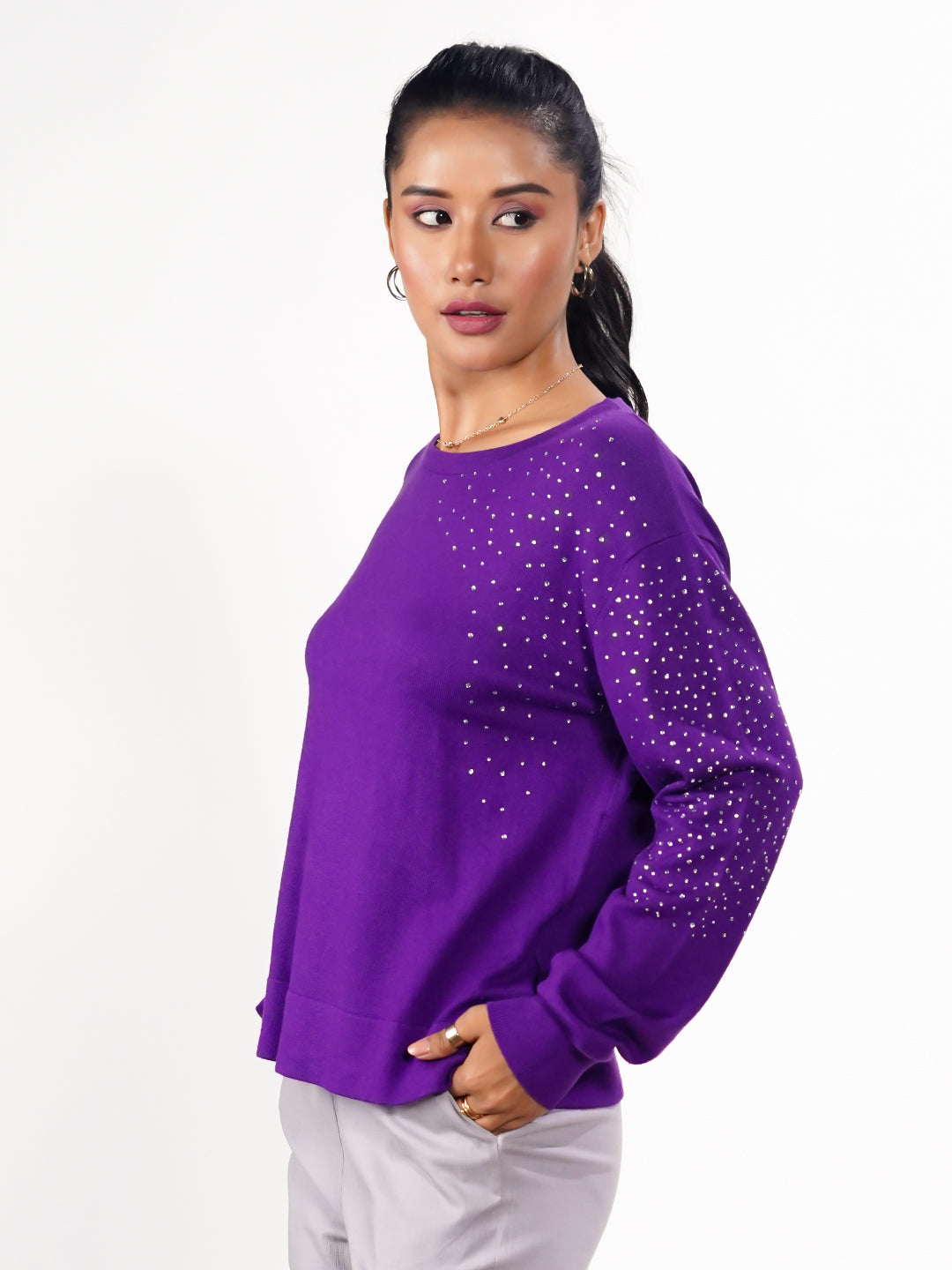 Purple Embellished Slip-On Sweater