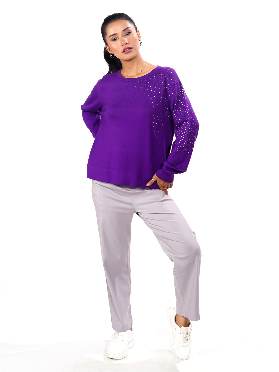 Purple Embellished Slip-On Sweater