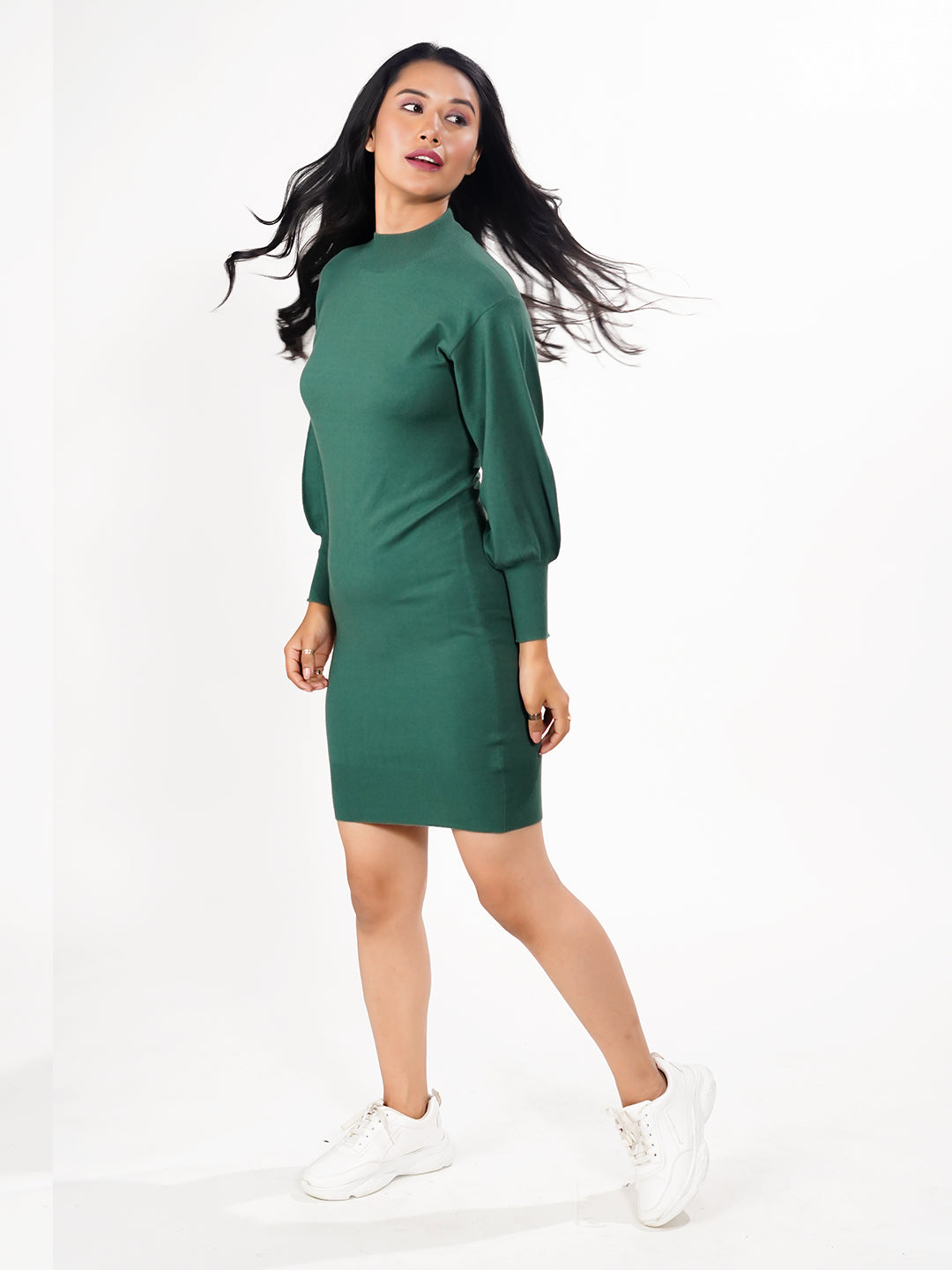 Green Solid Slip-On Short Sweater Dress