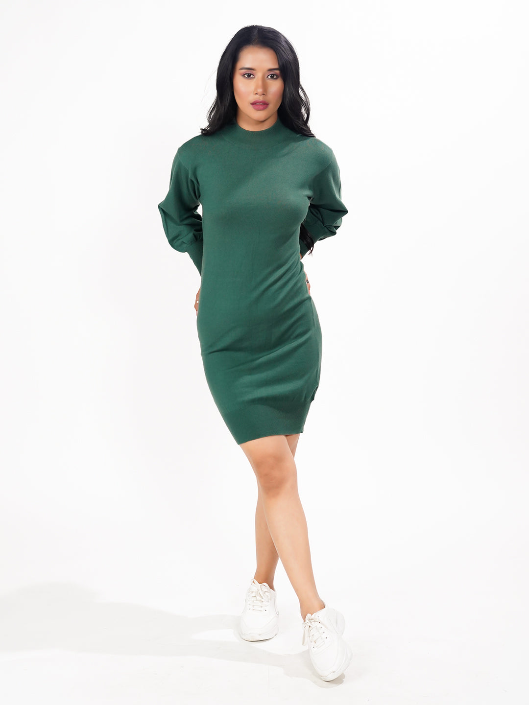 Green Solid Slip-On Short Sweater Dress