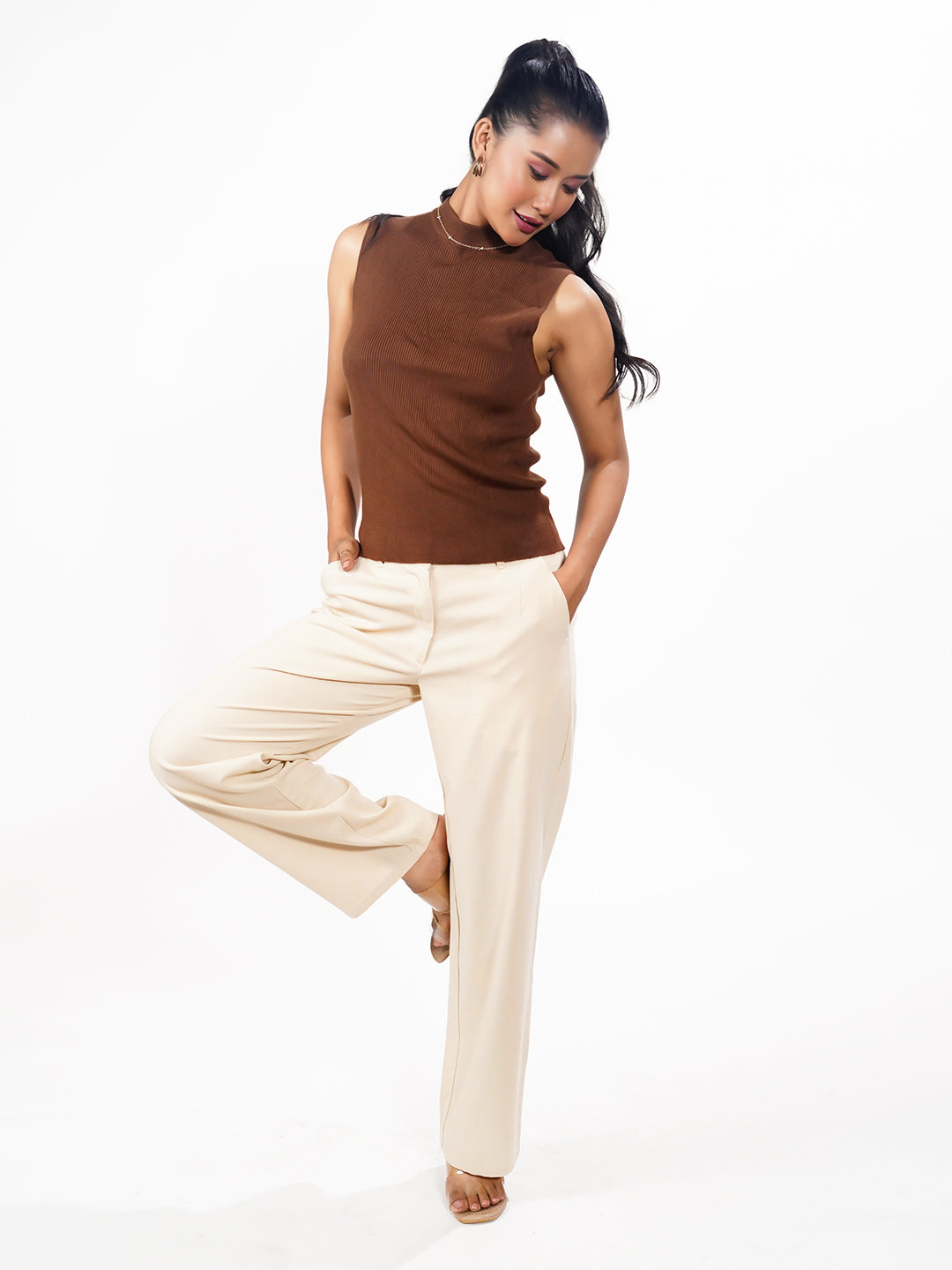 Brown Solid Slip-On Sweater Top