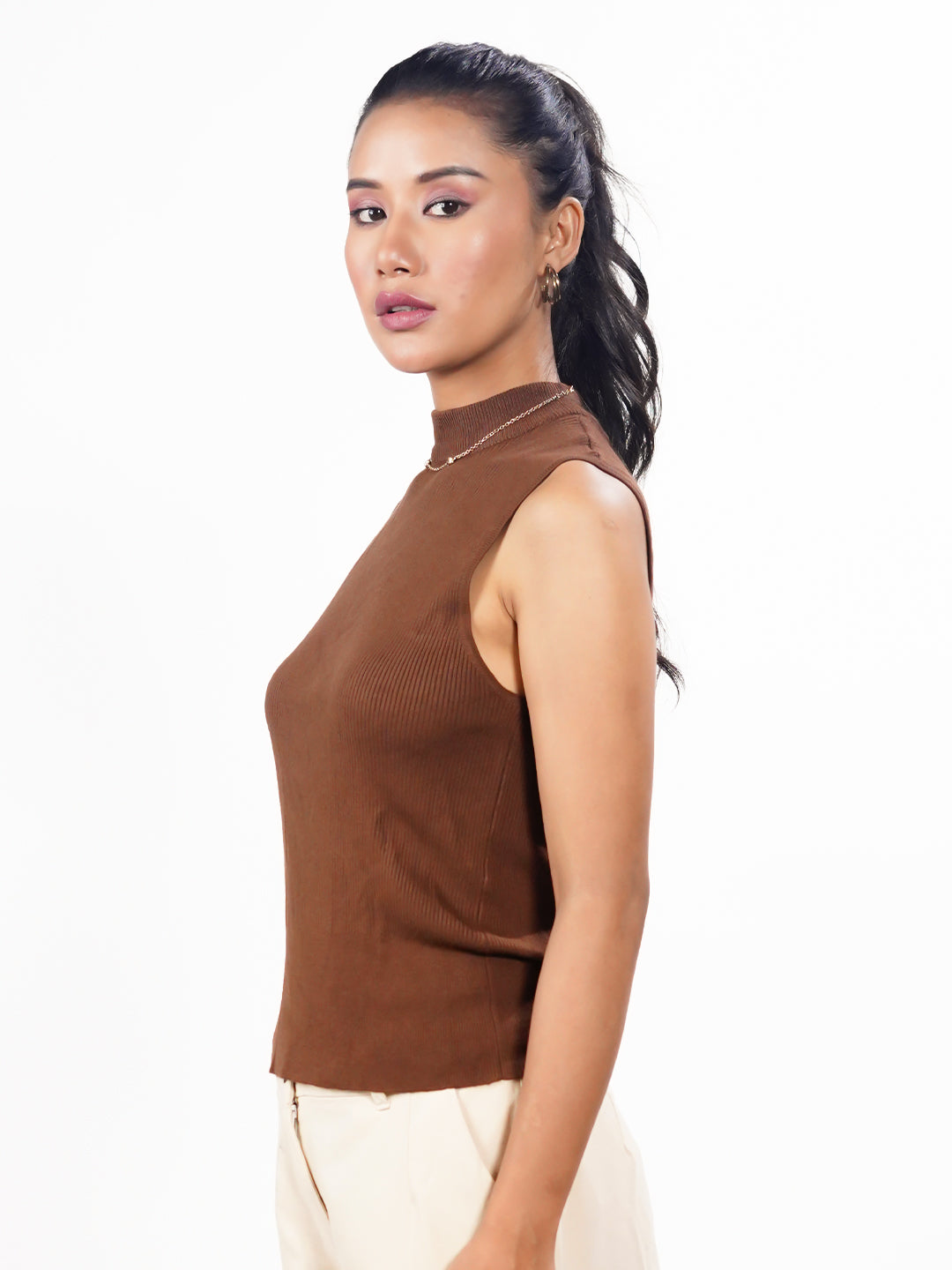 Brown Solid Slip-On Sweater Top