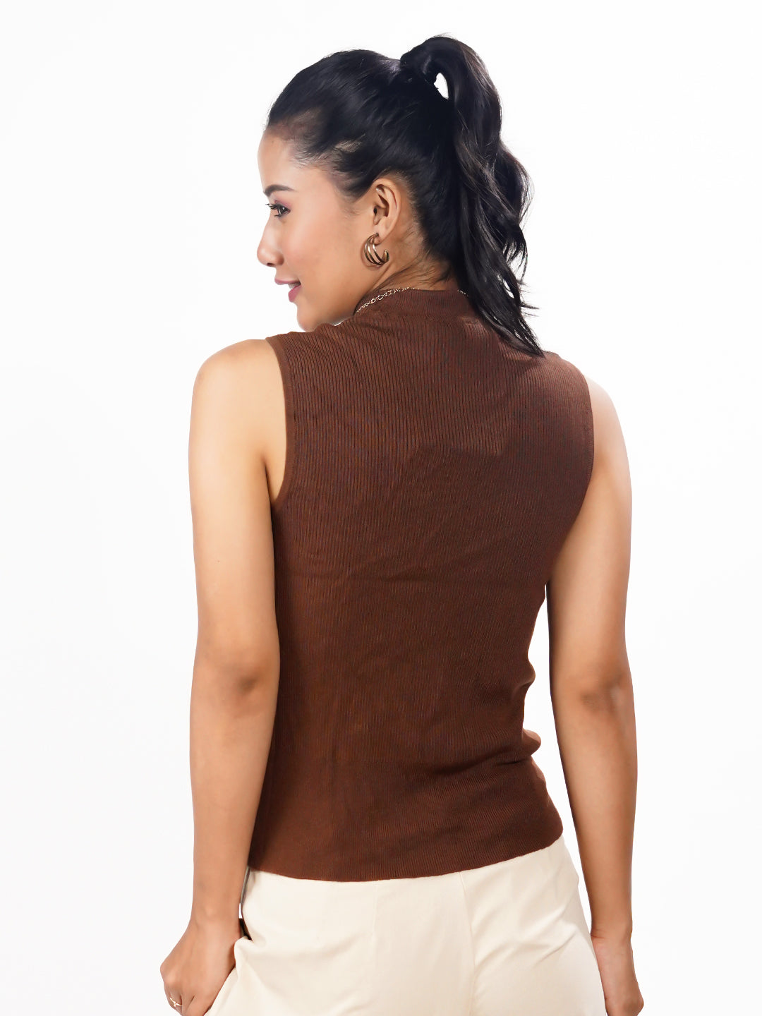 Brown Solid Slip-On Sweater Top