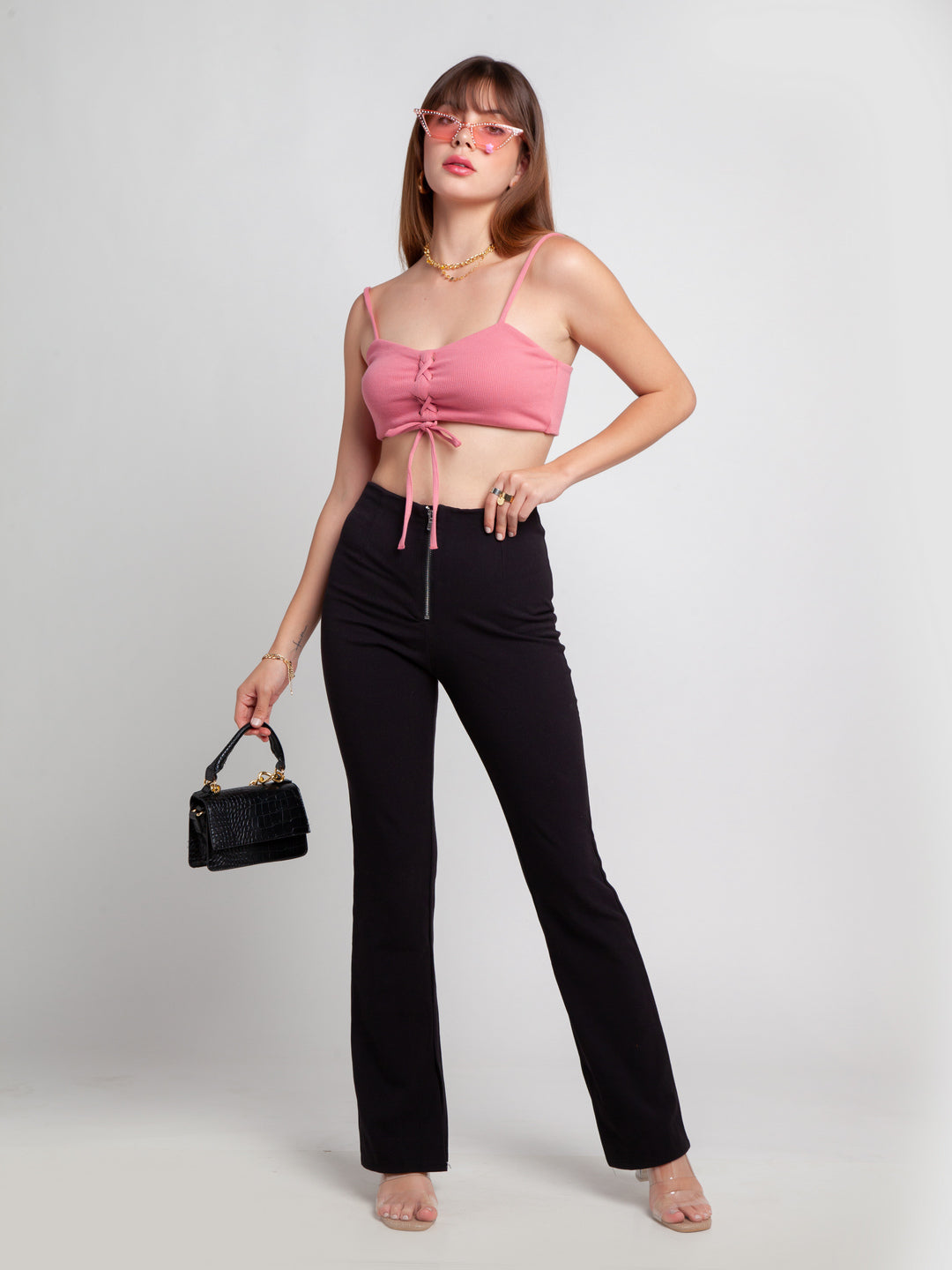 Pink Solid Strappy Crop Top