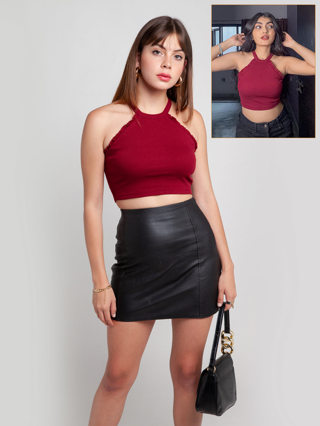 Maroon Solid Ruffled Crop Top