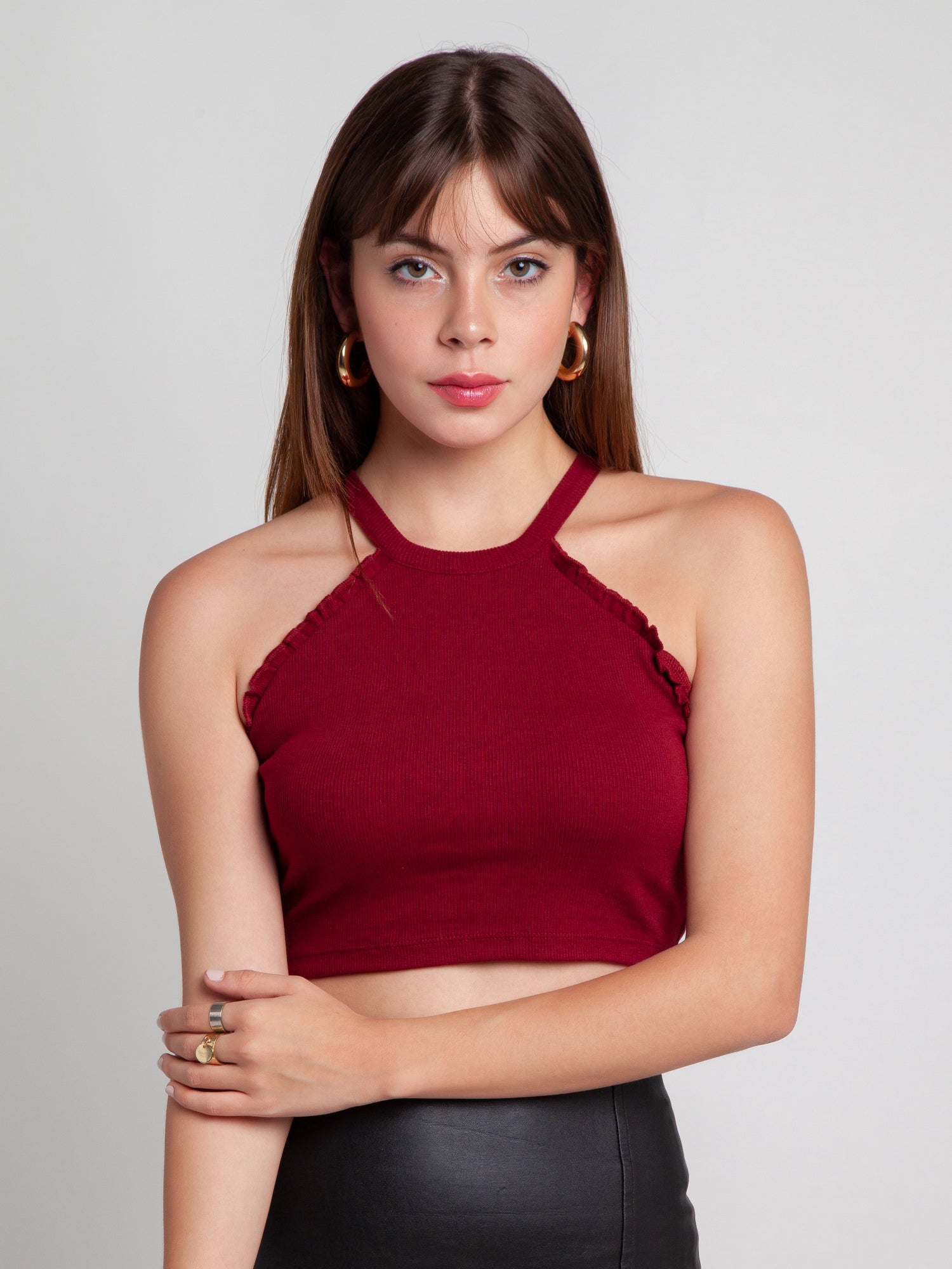 Maroon Solid Ruffled Crop Top