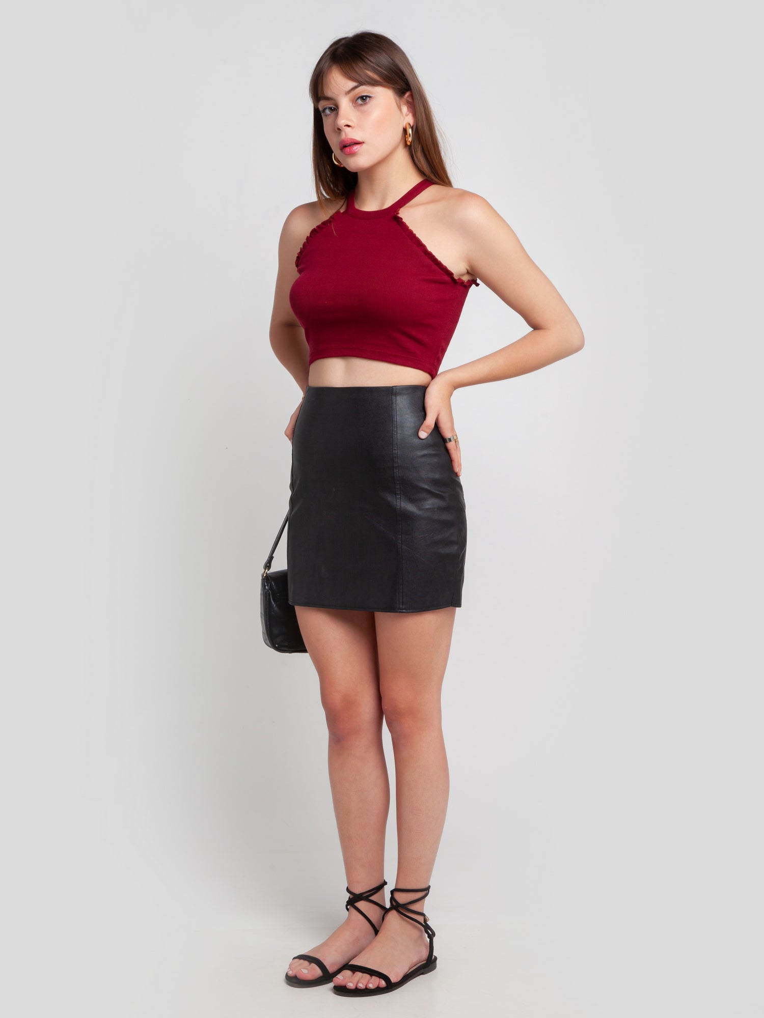 Maroon Solid Ruffled Crop Top