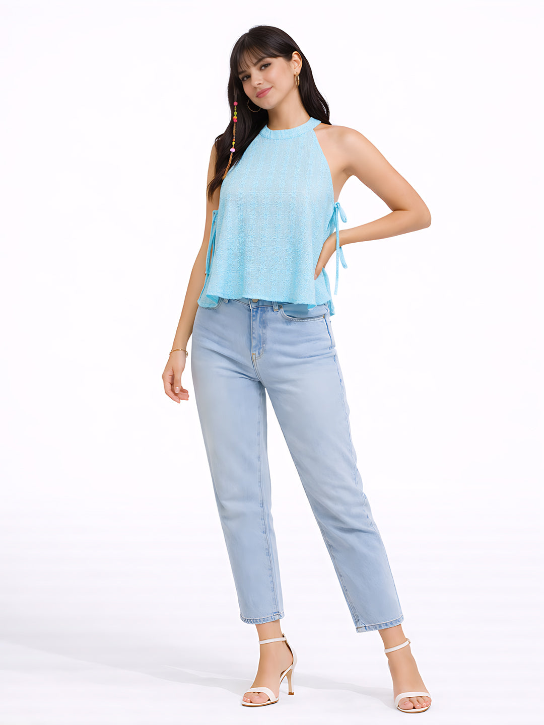 Blue Self Design Tie-Up Top