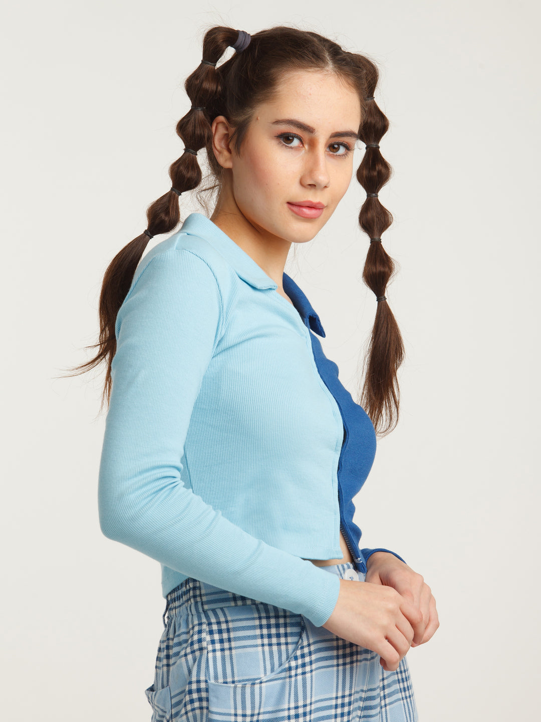 Blue Colour Blocked Shirt Style Top