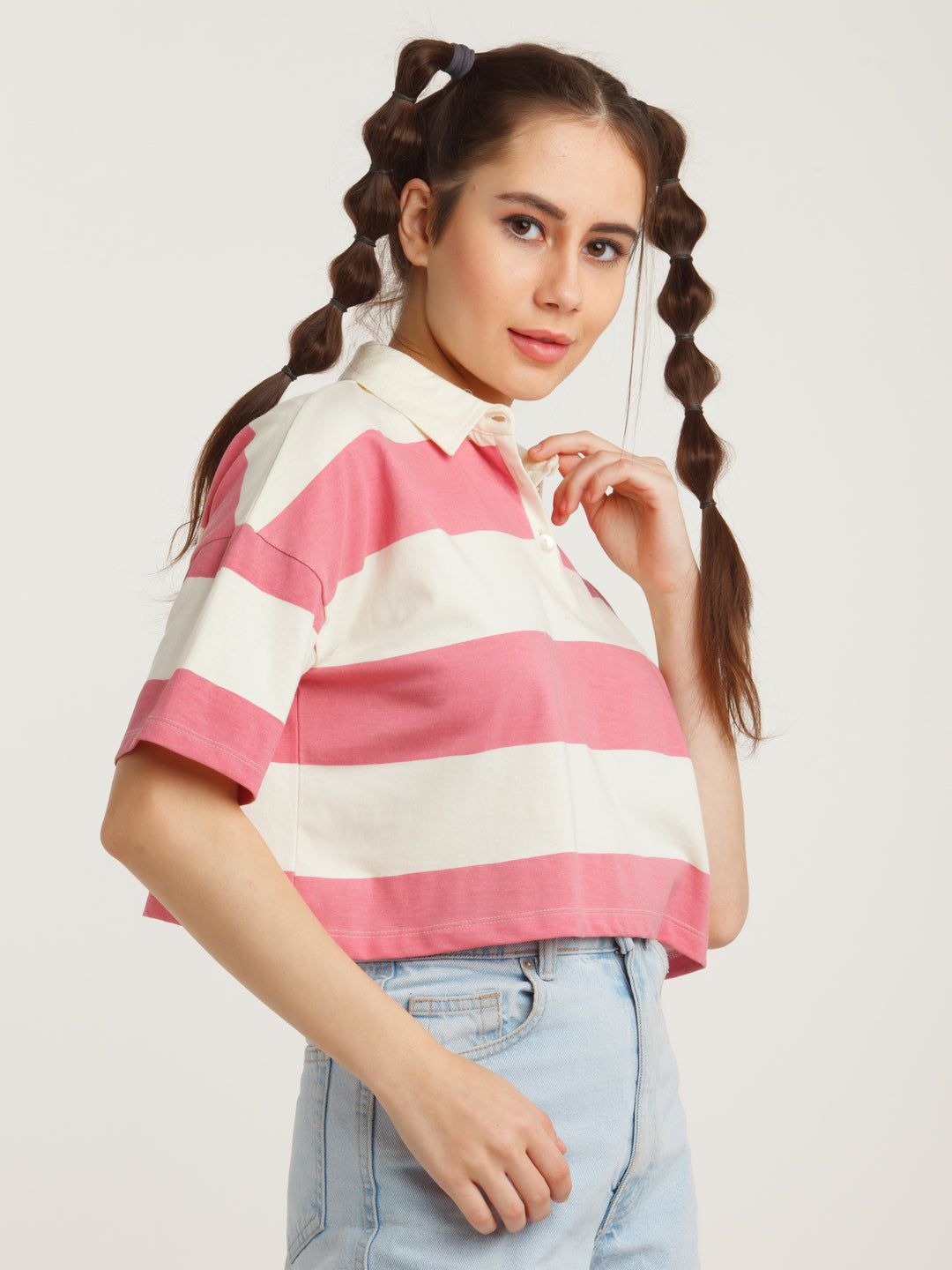 Off-White & Pink Striped Cropped T-Shirt