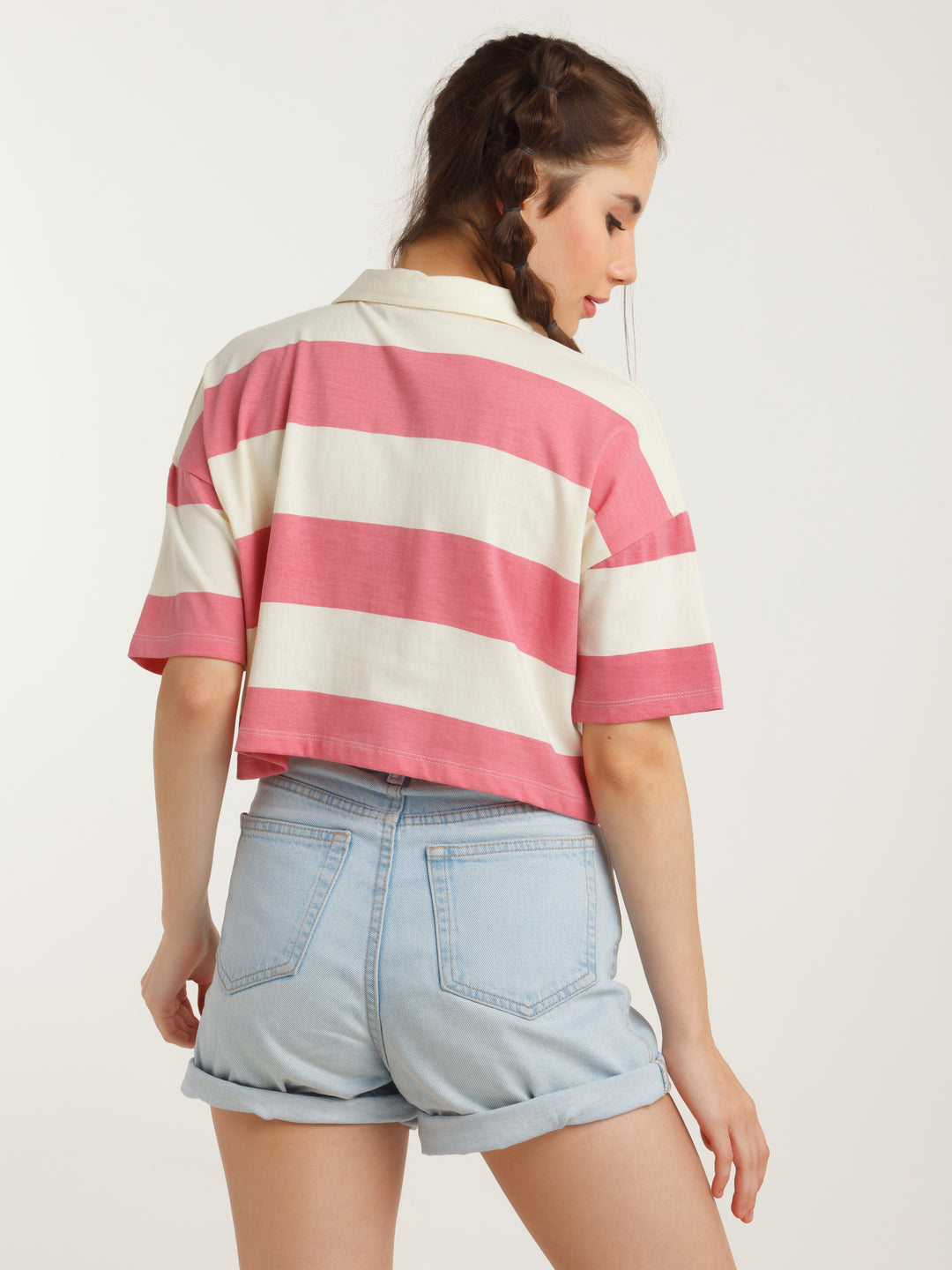 Off-White & Pink Striped Cropped T-Shirt