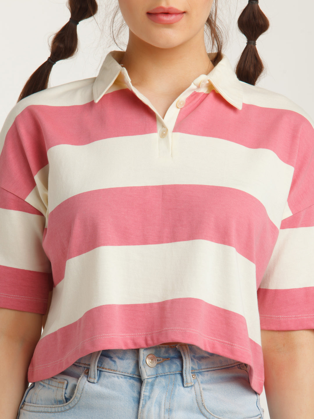 Off-White & Pink Striped Cropped T-Shirt